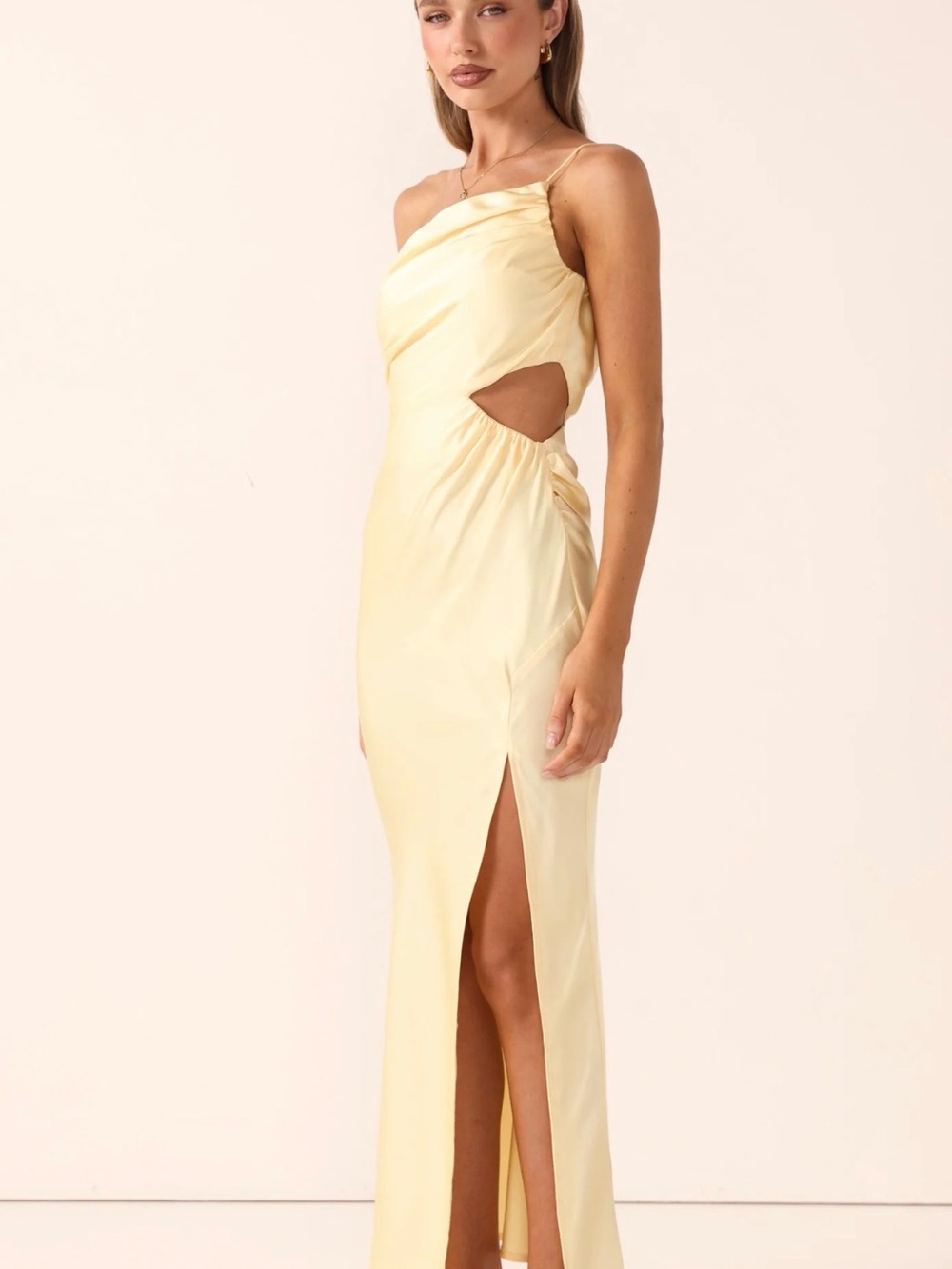 Billy J Nyla Pale Yellow One-Shoulder Cutout Maxi Dress Size 6